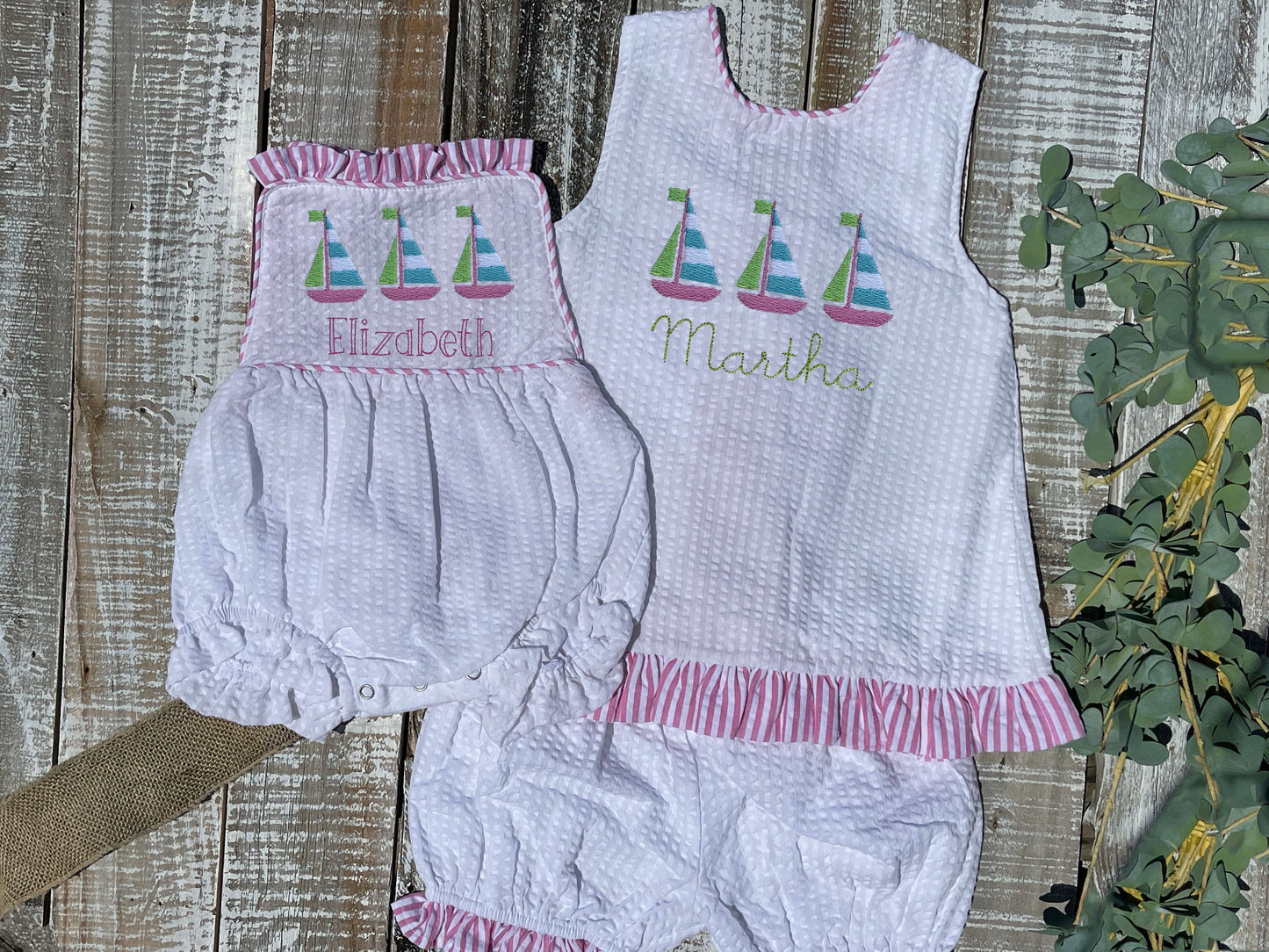 Girl, Sailboat Trio, Pink Seersucker Swing Back Set, Pink and White Seersucker Ruffle Bubble, Preppy, Embroidered, Sibling Outfit, Summer