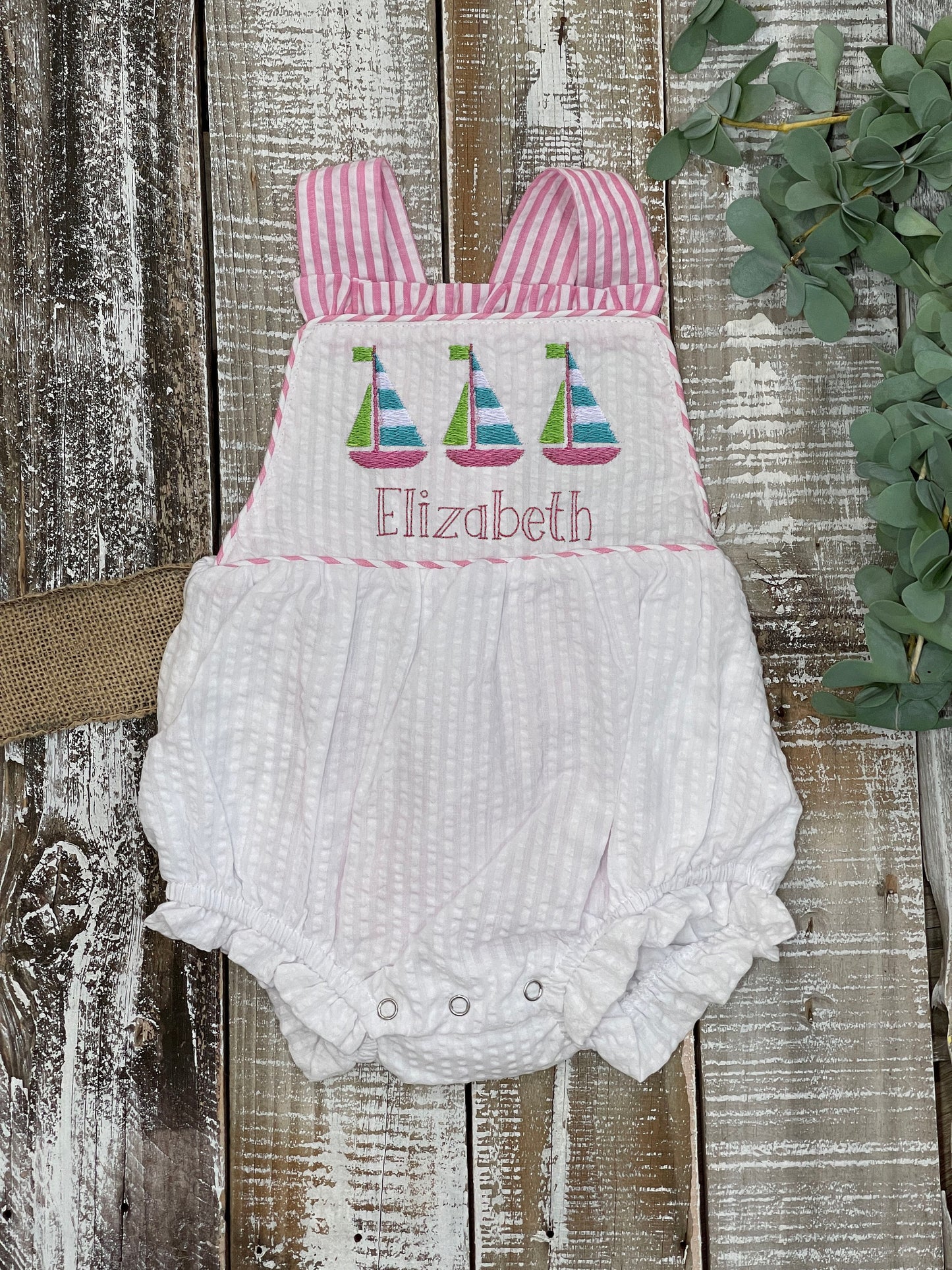 Girl, Sailboat Trio, Pink Seersucker Swing Back Set, Pink and White Seersucker Ruffle Bubble, Preppy, Embroidered, Sibling Outfit, Summer