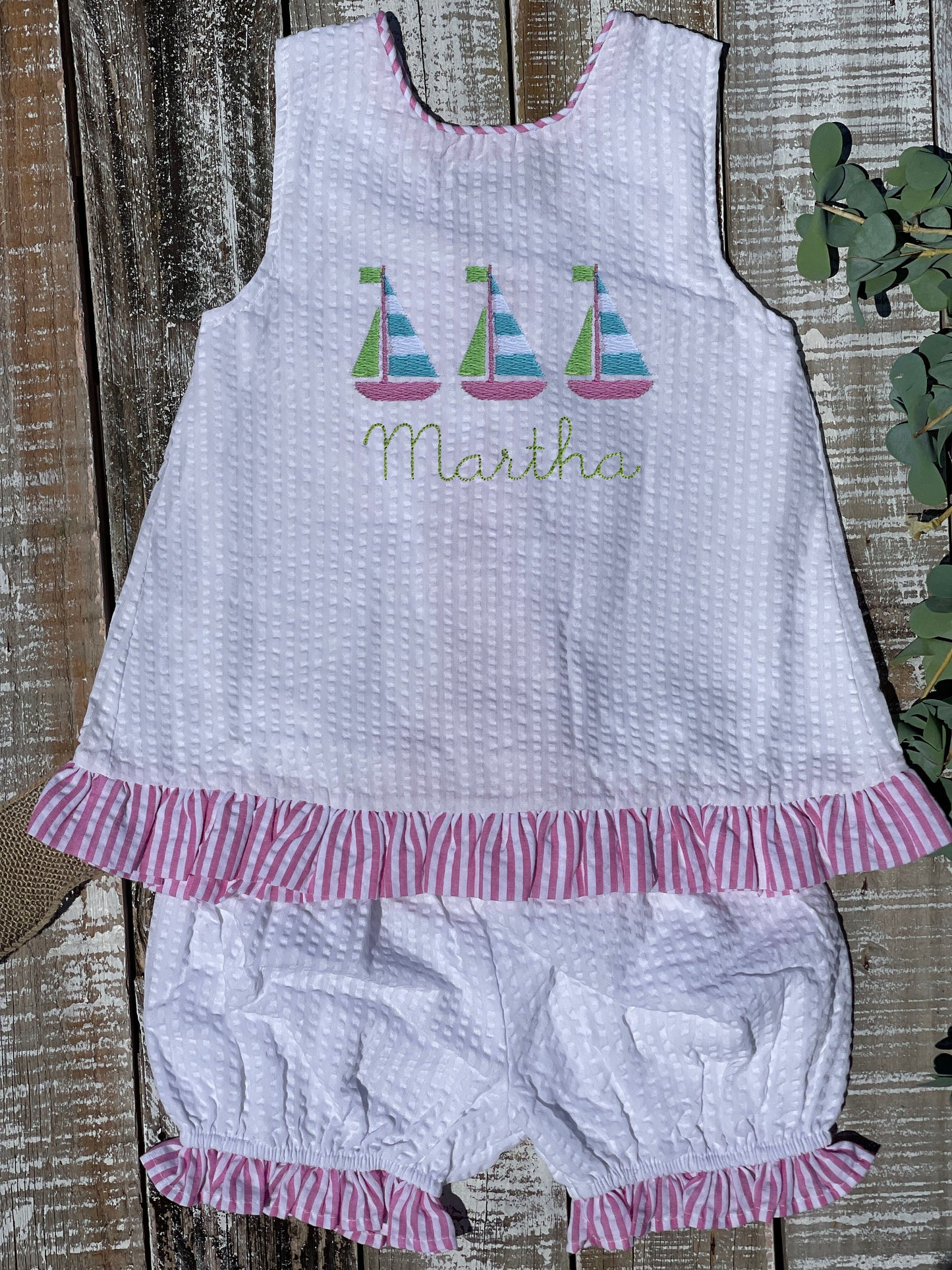 Girl, Sailboat Trio, Pink Seersucker Swing Back Set, Pink and White Seersucker Ruffle Bubble, Preppy, Embroidered, Sibling Outfit, Summer