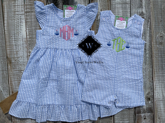 Custom Embroidered, Personalized, Monogrammed Light Blue Seersucker Bubble, Jon Jon, Flutter Dress and Polo Shirt Set