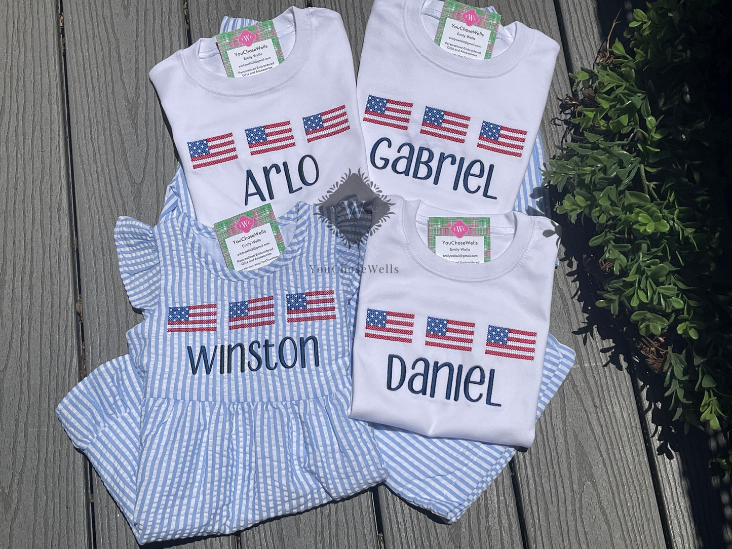 Custom, Embroidered, Monogrammed, Personalized American Flag Cross Stitch Trio Light Blue Seersucker Bubble, Jon Jon, Flutter Dress, Shirt and Short Set