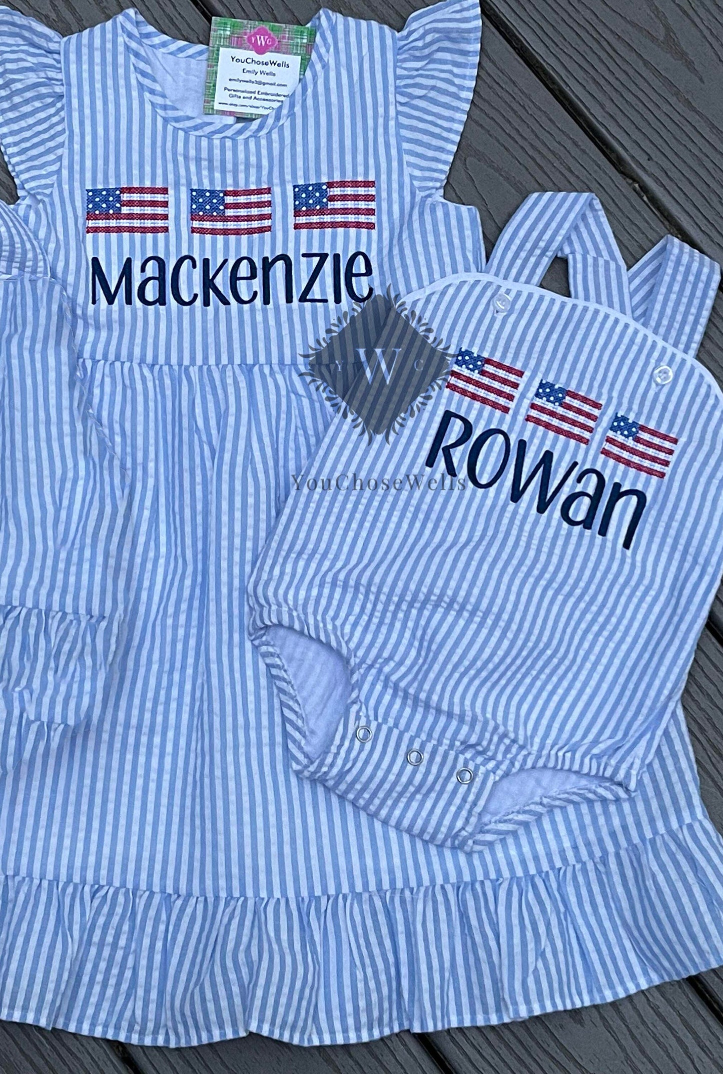 Custom, Embroidered, Monogrammed, Personalized American Flag Cross Stitch Trio Light Blue Seersucker Bubble, Jon Jon, Flutter Dress, Shirt and Short Set