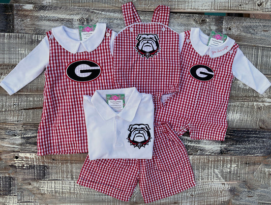 Custom Embroidered, Personalized Game Day G or Bulldog Red Gingham Bubble, Jon Jon, Jumper Dress, and Polo Shirt and Short Set