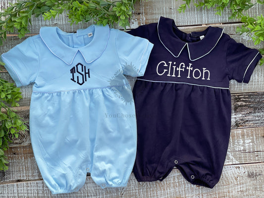 Monogrammed Baby Boy Navy, Blue, Monogrammed Jon Jon, Preppy, Embroidered, Personalize Baby Shower Gift, Baby Gift, Baby Boy Shortall