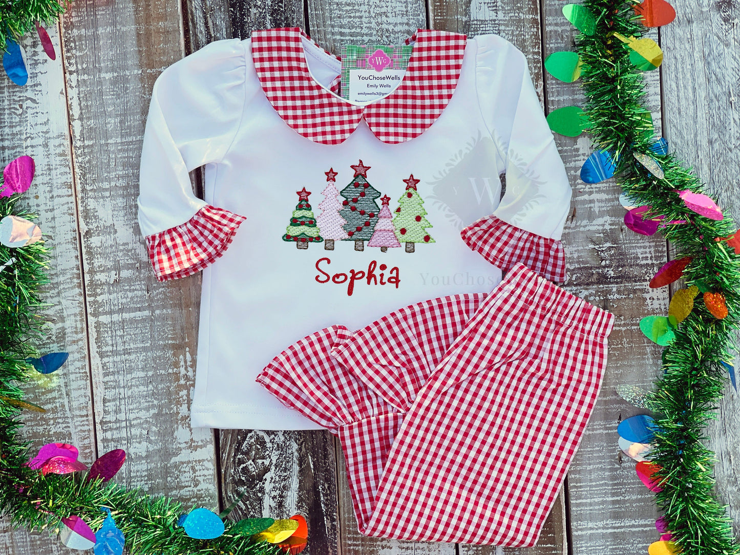 Custom Embroidered, Monogrammed, Personalized Christmas Tree Bundle Red Gingham Shirt and Red Gingham Pants