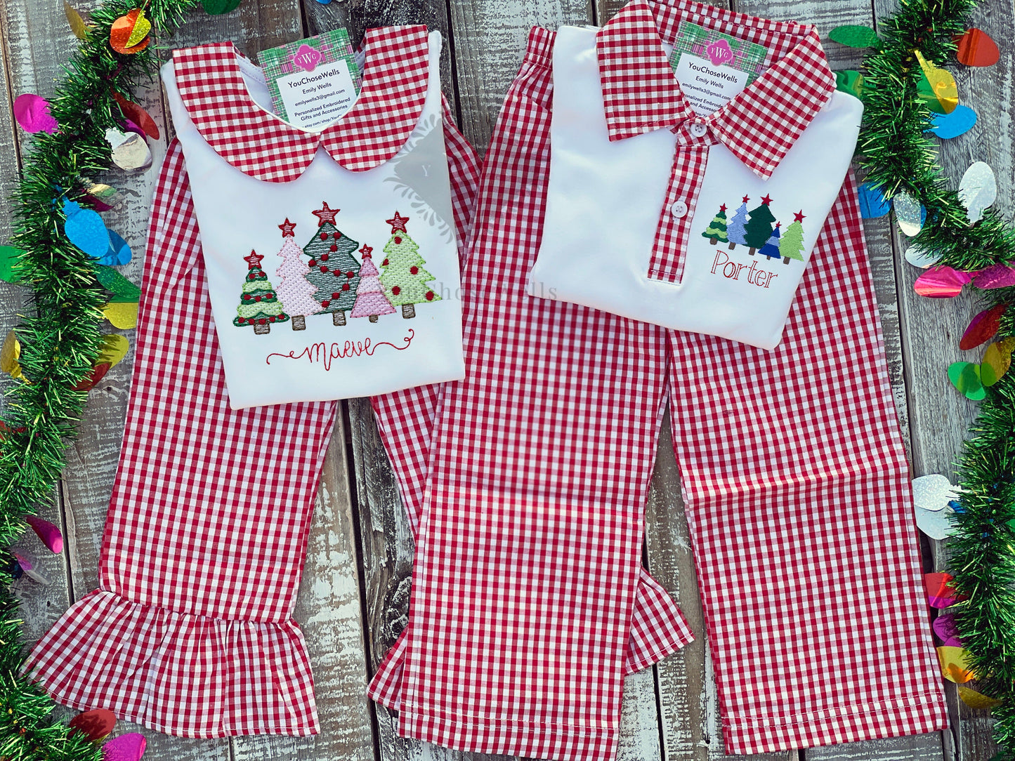 Custom Embroidered, Monogrammed, Personalized Christmas Tree Bundle Red Gingham Shirt and Red Gingham Pants