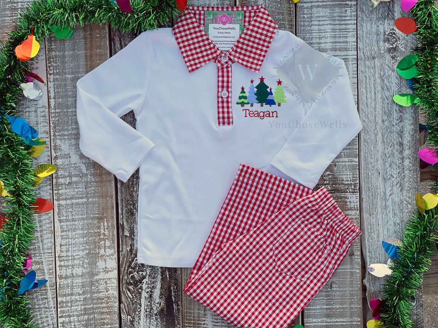 Custom Embroidered, Monogrammed, Personalized Christmas Tree Bundle Red Gingham Shirt and Red Gingham Pants