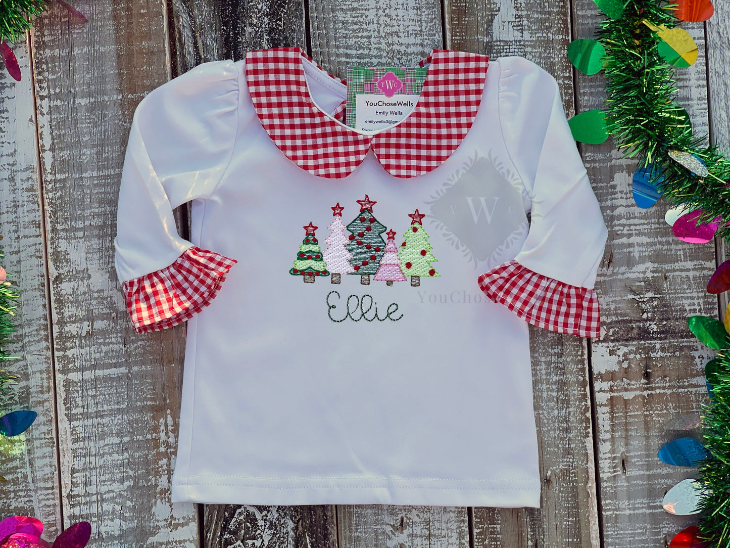 Custom Embroidered, Monogrammed, Personalized Christmas Tree Bundle Red Gingham Shirt and Red Gingham Pants