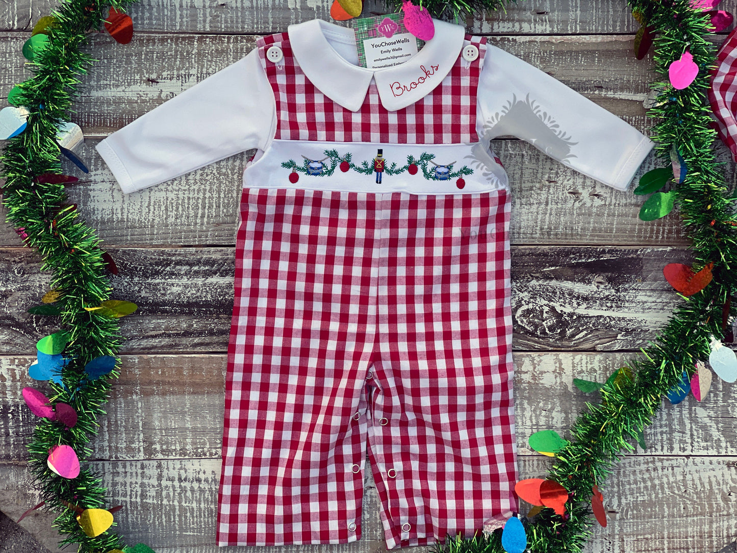 Custom Embroidered Faux Smocked Nutcracker Red Gingham Longall