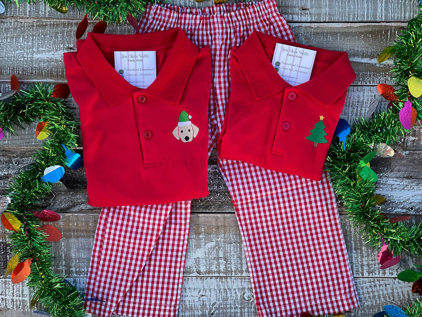 Custom Embroidered, Personalized Christmas Mini Polo Shirt and Red Gingham Pant Set