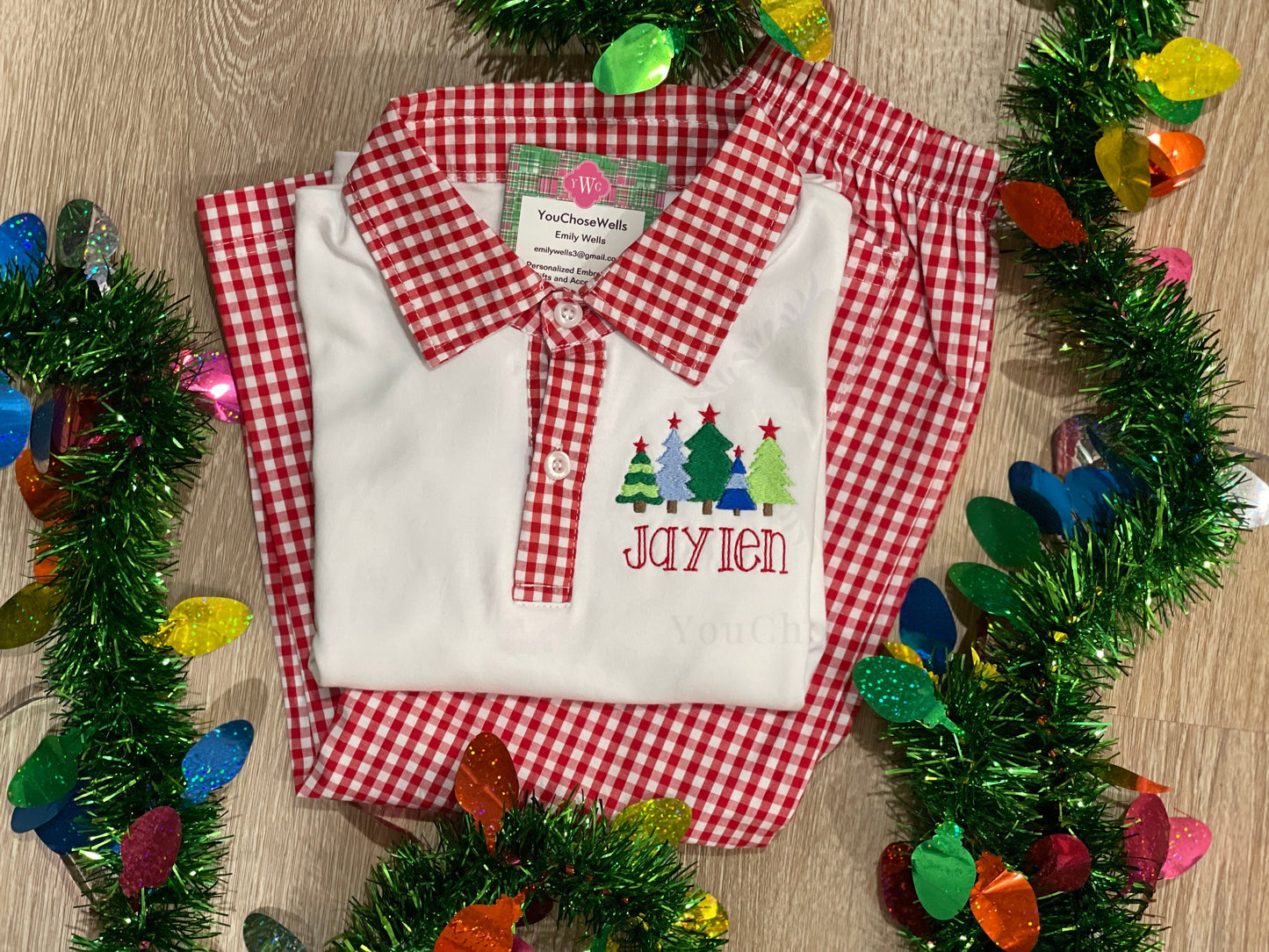 Custom Embroidered, Monogrammed, Personalized Christmas Tree Bundle Red Gingham Shirt and Red Gingham Pants