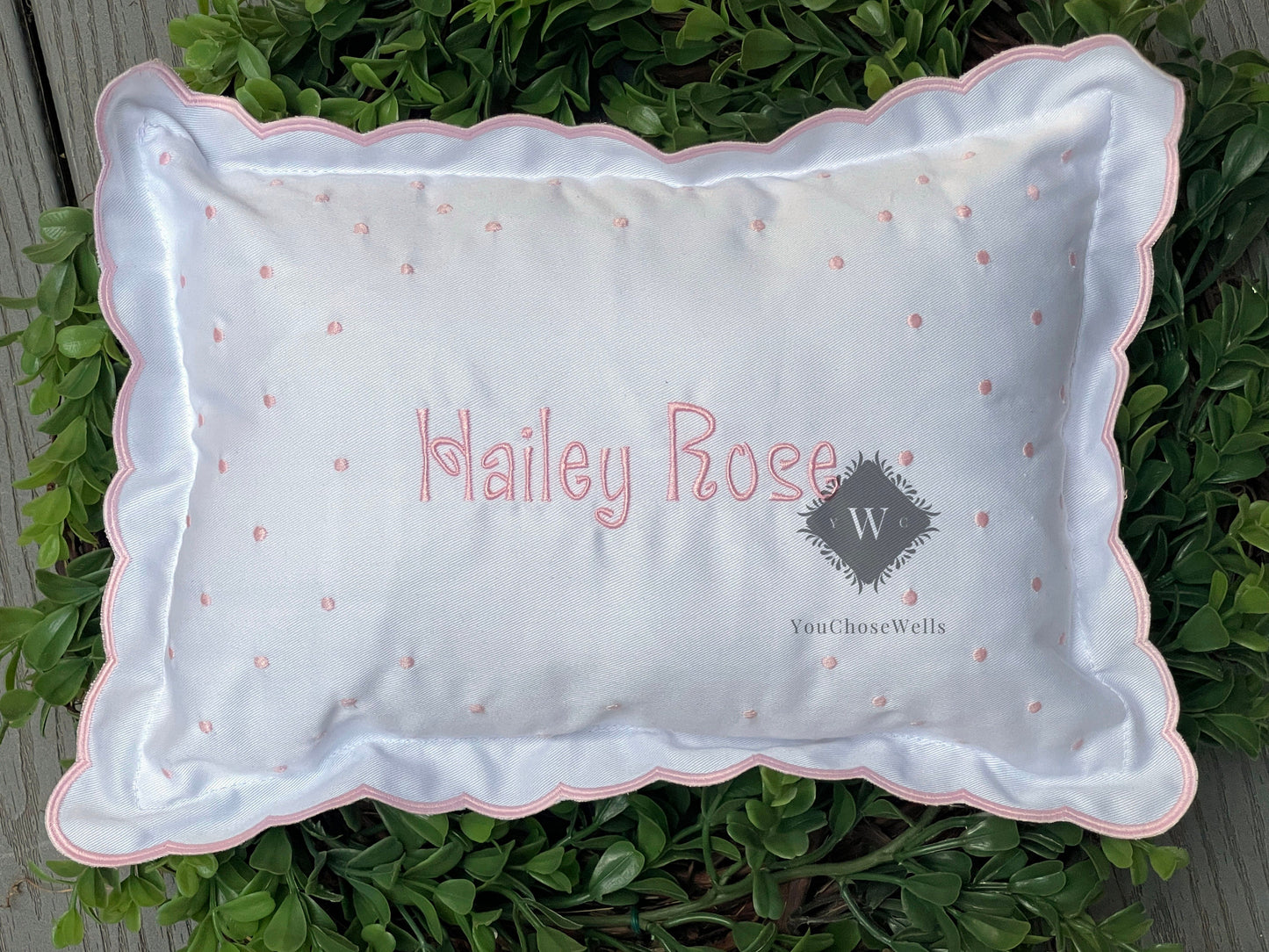 Custom Embroidered, Personalized, Monogrammed Dotted Scalloped Pillow Sham and Insert