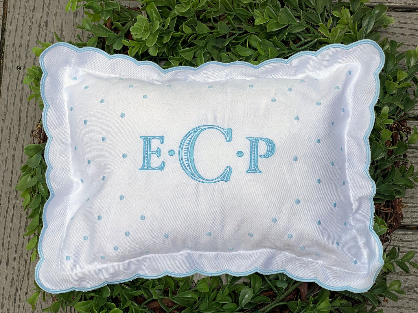 Custom Embroidered, Personalized, Monogrammed Dotted Scalloped Pillow Sham and Insert