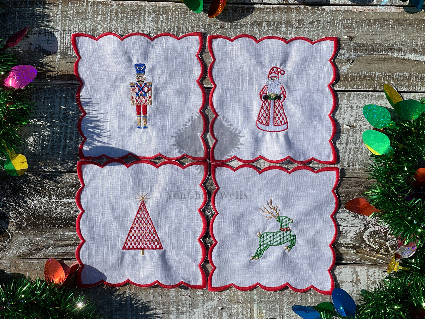 Holiday Scalloped Cocktail Napkin Set, Christmas Cocktail Napkins, Chinoiserie Linen Cocktail Napkins, Santa, Nutcracker, Deer, Tree, Napkin