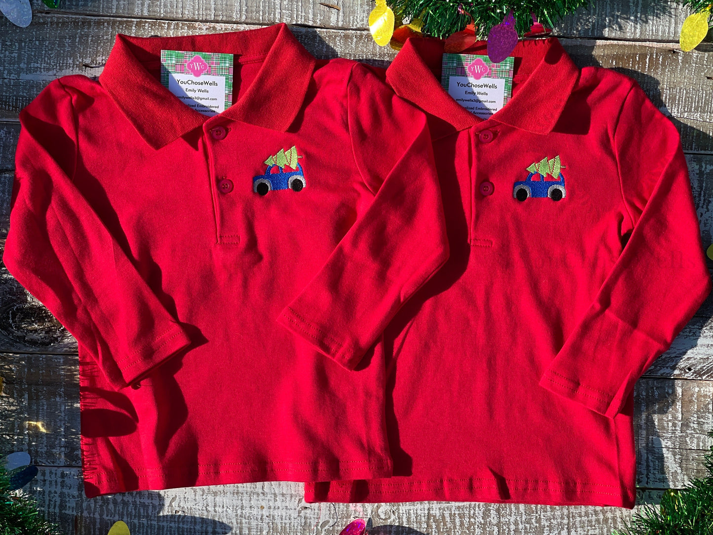 Custom Embroidered, Personalized Christmas Mini Polo Shirt and Red Gingham Pant Set