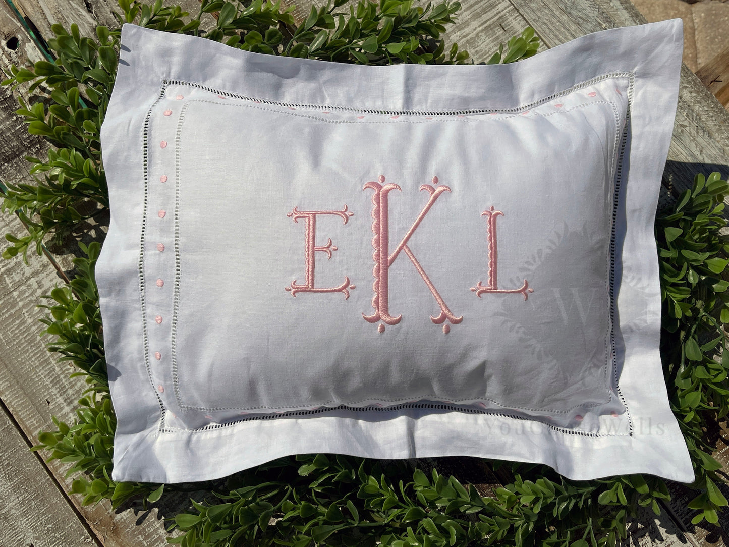 Custom Embroidered, Personalized, Monogrammed Swiss Dot Linen Pillow Sham