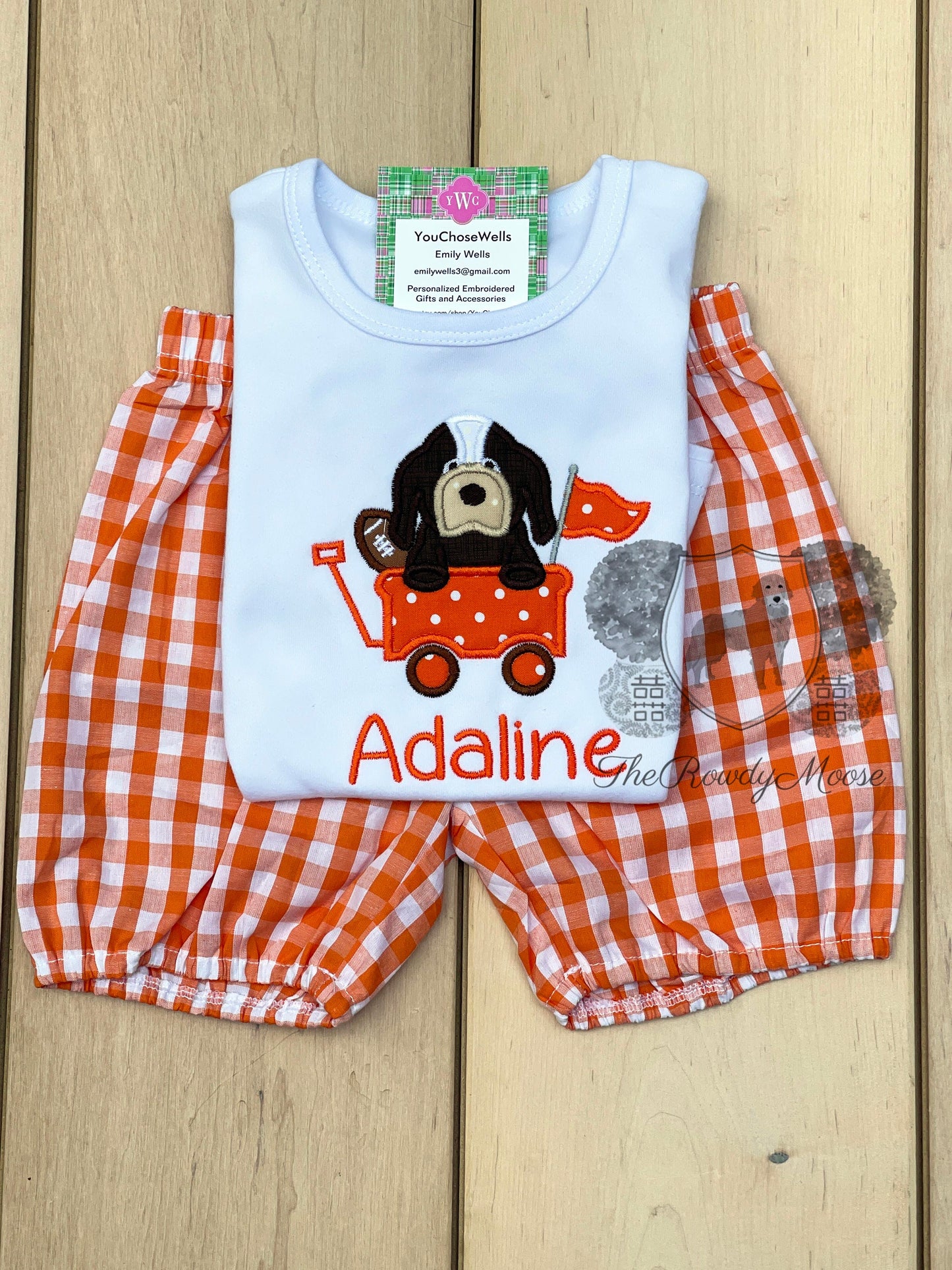 Custom Embroidered, Monogrammed, Personalized Game Day Hound with Football Applique Shirt and Orange Gingham Short Set