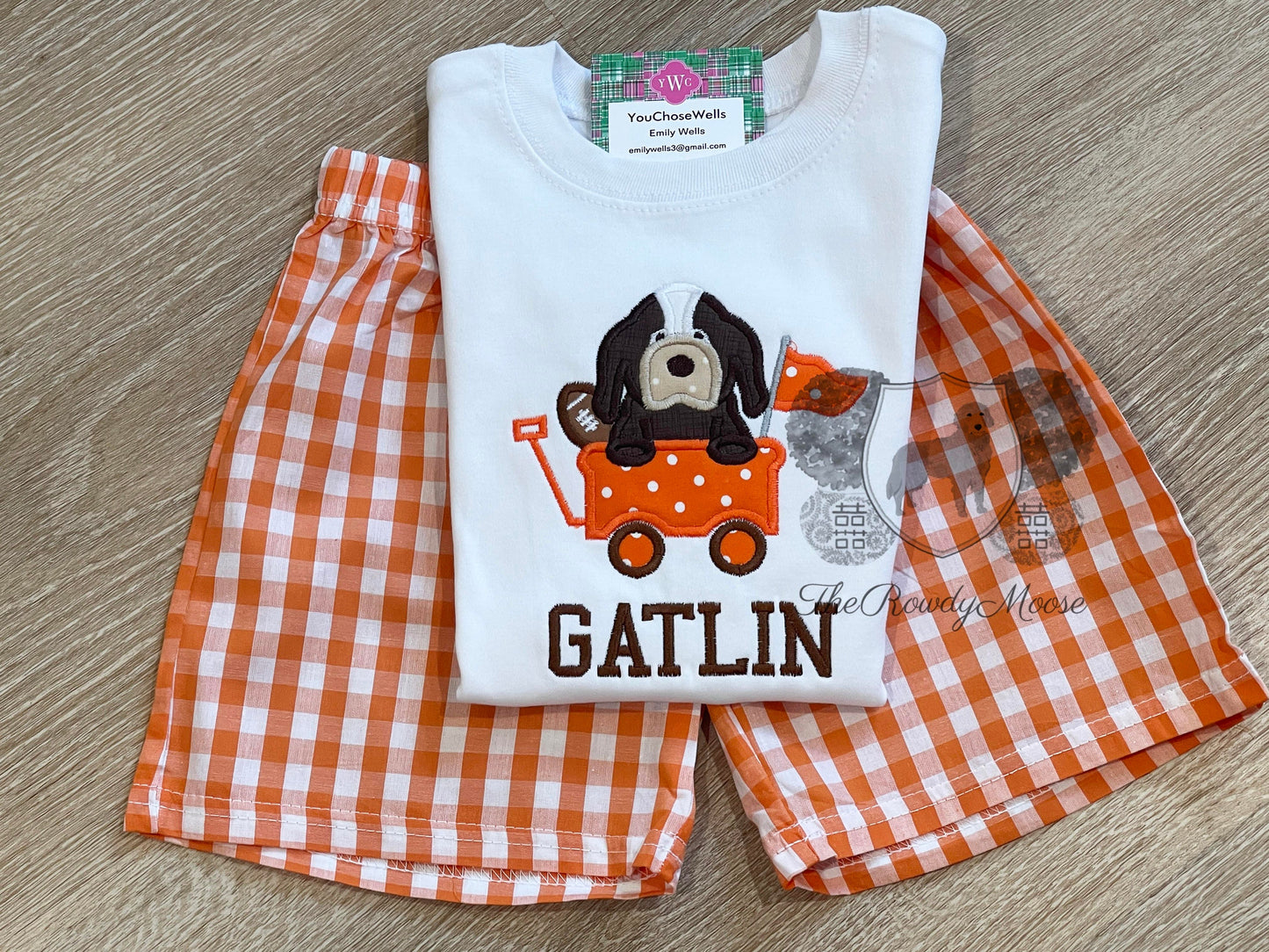 Custom Embroidered, Monogrammed, Personalized Game Day Hound with Football Applique Shirt and Orange Gingham Short Set