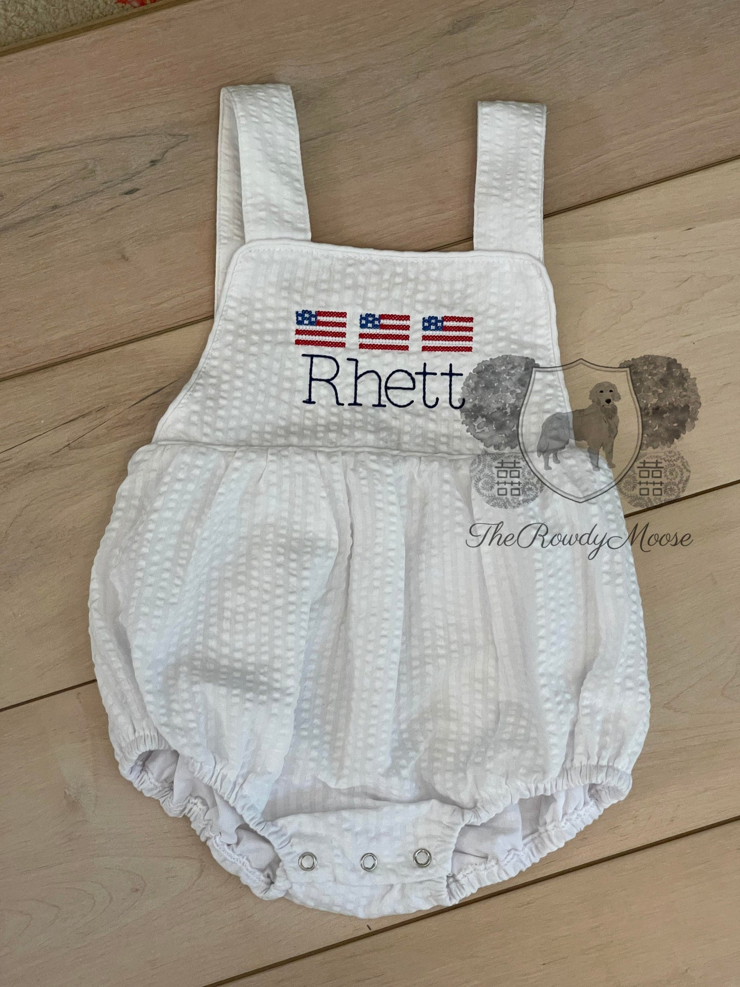 Custom Embroidered, Monogrammed, Personalized American Flag Cross Stitch Trio Seersucker Bubble with Seersucker Trim