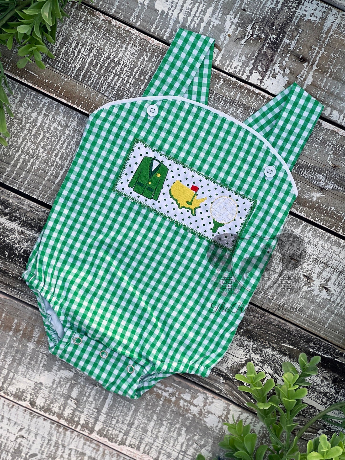 Custom Embroidered, Golf Trio Applique Green Gingham Jumper Dress, Longall, Shirt, Shirt & Pant Set