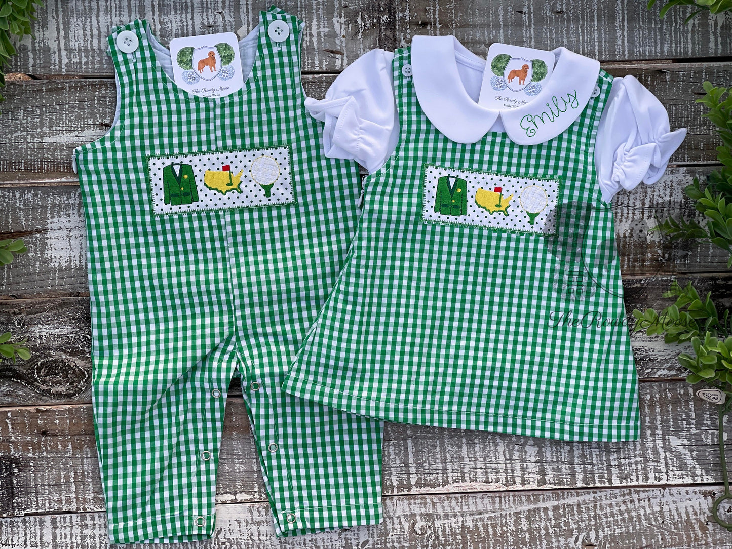 Custom Embroidered, Golf Trio Applique Green Gingham Jumper Dress, Longall, Shirt, Shirt & Pant Set