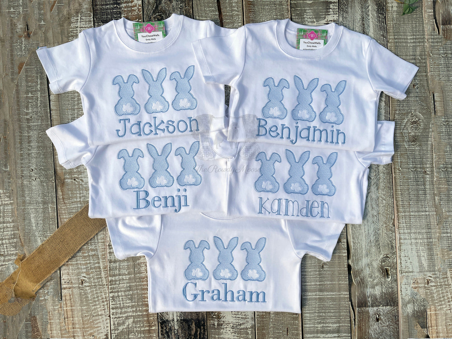 Custom Embroidered, Monogrammed, Personalized Bunny Trio Sketch Shirt and Blue Seersucker Gingham Short Set