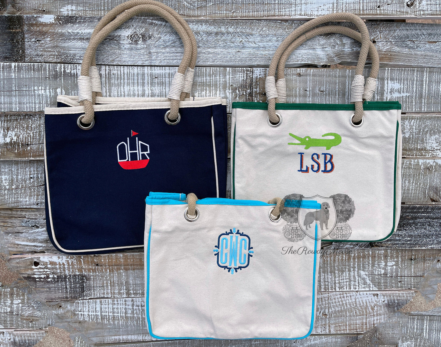 Custom Embroidered, Personalized Monogrammed Canvas Rope Boat Tote