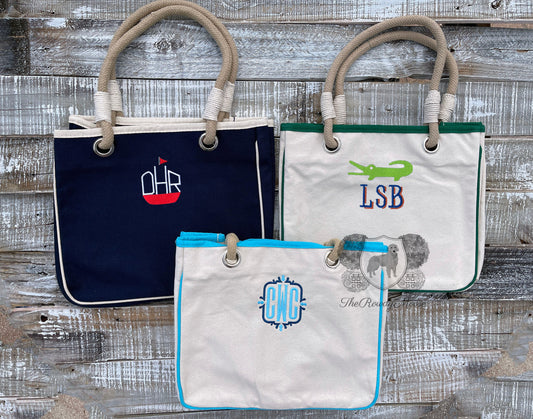 Custom Embroidered, Personalized Monogrammed Canvas Rope Boat Tote