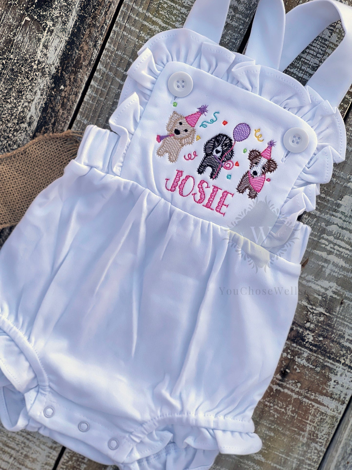 Custom Embroidered, Personalized Birthday Puppy Trio Pink and White Ruffle Bubble