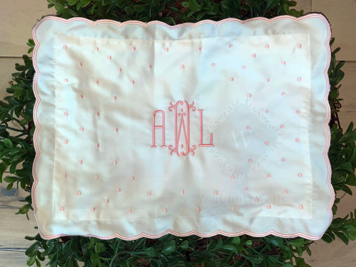 Custom Embroidered, Personalized, Monogrammed Dotted Scalloped Pillow Sham and Insert