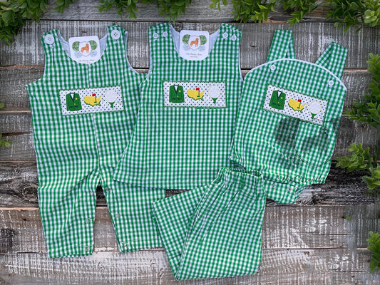 Custom Embroidered, Golf Trio Applique Green Gingham Jumper Dress, Longall, Shirt, Shirt & Pant Set