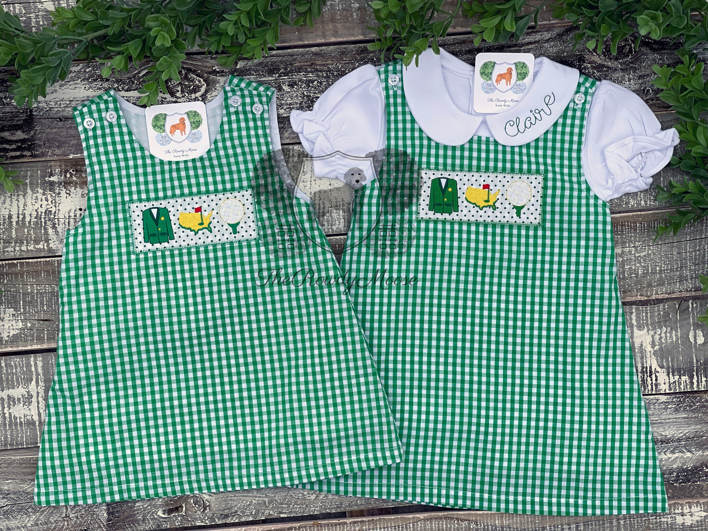 Custom Embroidered, Golf Trio Applique Green Gingham Jumper Dress, Longall, Shirt, Shirt & Pant Set