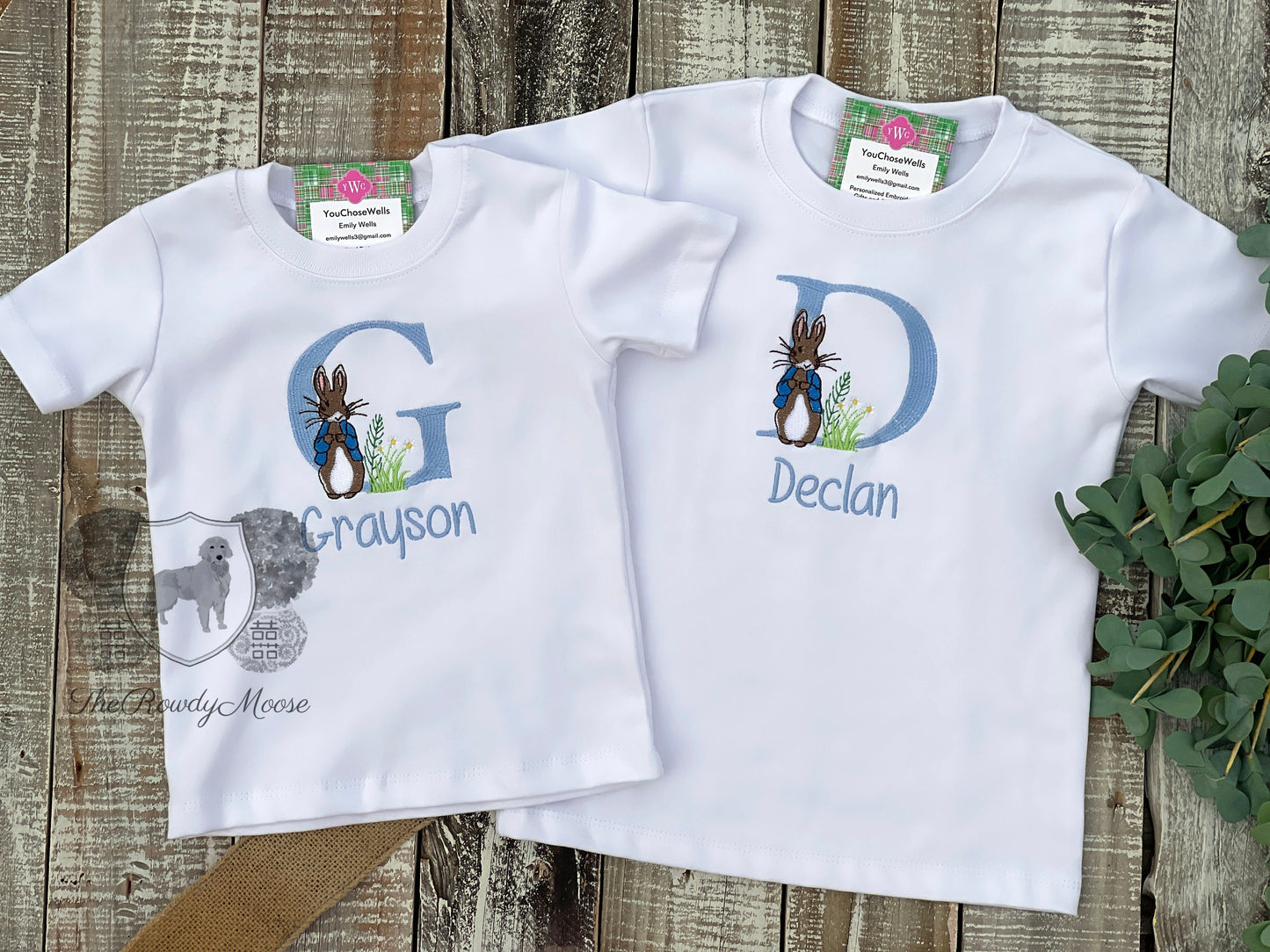 Custom Embroidered, Monogrammed, Personalized Peter Rabbit Letter Shirt and Blue Seersucker Gingham Short Set